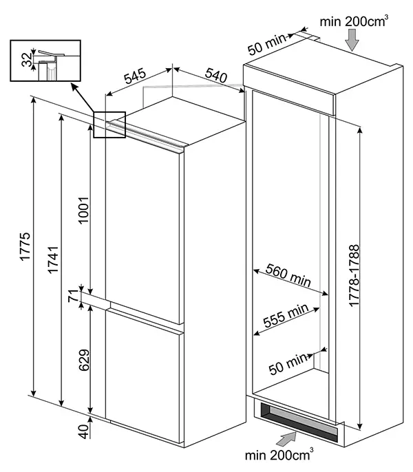 combinato da incasso smeg 177 cm