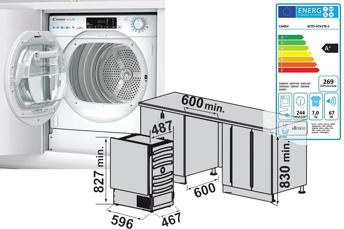 dimensioni asciugatrice slim candy bctd h7a1te s