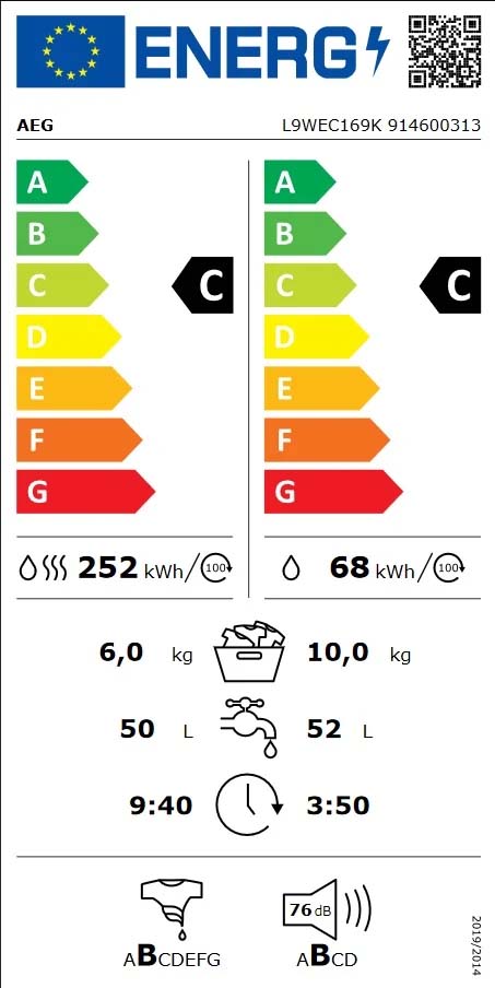 energy label lavasciuga l9wec169k