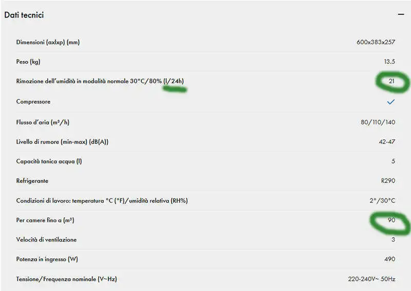 Scheda tecnica deumidificatore dati capacità e volume deumidificato.